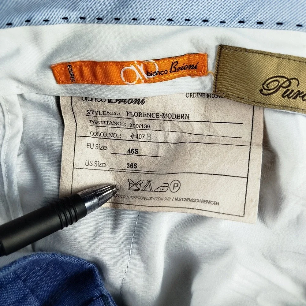 Bianco Brioni Florence Modern Blue Linen Pants Mens 36S Designer Made In‎ Italy